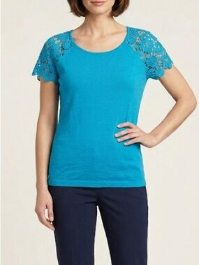 Escada Lace Sleeve Knit Blouse Shortsleeve Size Medium Blue Lagoon